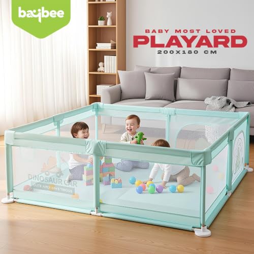 Image of Baybee 200 x 180 Cm Kids Playpen for Babies | Foldable Baby Play Area Indoor Setup with Zipper Door | Portable Baby Activity Playards for Toddlers | Outdoor Play Pen for Kids for 0-5 Years (Green)