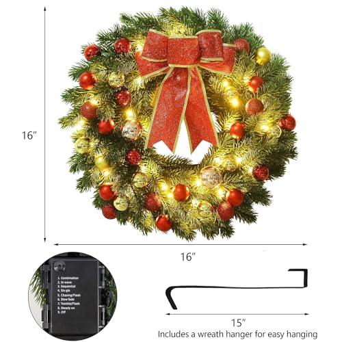 Juegoal 16 Inch Pre Lit Christmas Wreath with Metal Hanger Large Red Bow and Colored Balls Battery Operated with Warm White 40 LEDs Lights Front Door Spruce Lighted Wreath X max Decorations