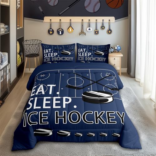 Image of Feelyou Ice Hockey Comforter Set Navy Blue Bedding King for Kids Teens