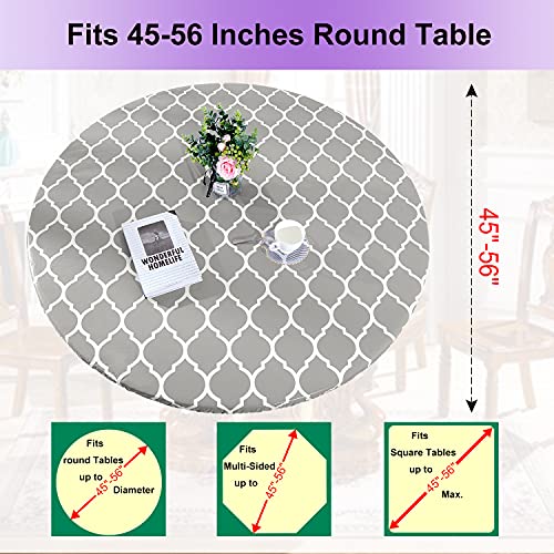 Zhuqing Heavy Duty Vinyl Round Fitted Tablecloth, Gray Moroccan Design, Spillproof Waterproof Elastic Table Cover With Flannel Backed Lining, Fits 45" To 56" Round Table, For Indoor/Outdoor Use #TOP2