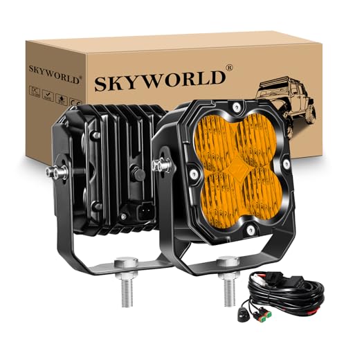 SKYWORLD 2 Pcs Faro de trabajo y 12V DT kit de cableado, 4.3 pulgadas 30W 2500 LM, flood lámpara de trabajo impermeable para off road todoterreno camión coche ATV 4x4 tractor, 6000K faros antiniebla