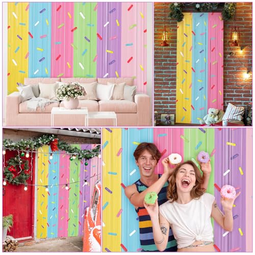 Image of Blosssound 4 Packs Donut Party Decorations 3.3 x 6.6 ft Donut Sprinkle Foil Fringe Curtain Colorful Ice Cream Tinsel Streamers for Easter Birthday Baby Shower Sweet Shop Decoration(4 Packs, Doughnut)