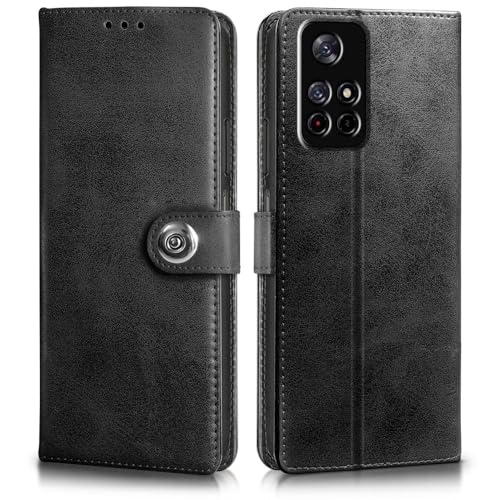 Image of WOW IMAGINE Shock Proof Flip Cover Back Case for Redmi Note 11T 5G | Poco M4 Pro 5G (Magnetic Button Flip Case | Wallet Pockets & Stand | Leather Finish | Haze Black)