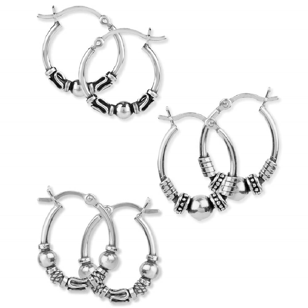 925 Sterling Silver Hoop Earrings | Earring Sets for Women | Set of 2 Pairs & 3 Pairs Balinese Hoops | Multiple Piercing Earring Sets for Women