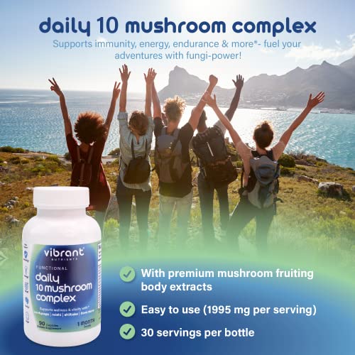 Vibrant Nutrients – Daily 10 Mushroom Complex – 100% Vegan Lions Mane Supplement – Non-Gmo, Functional Mushroom Supplement – Gluten & Soy Free Reishi Mushroom Capsules – Made In Usa – 90 Capsules #TOP5