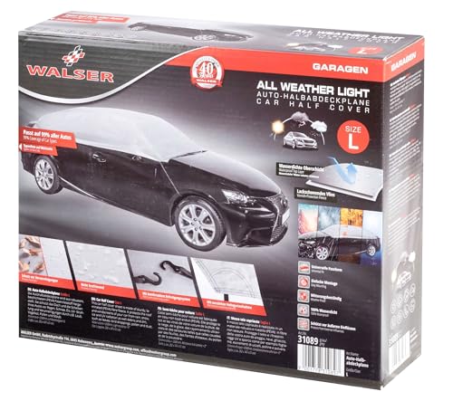 WALSER Autoabdeckung All Weather Light Halbgarage Größe L hellgrau, wasserdichte Halbgarage, Staubdicht mit UV Schutz, verstärkte Gurtbefestigung