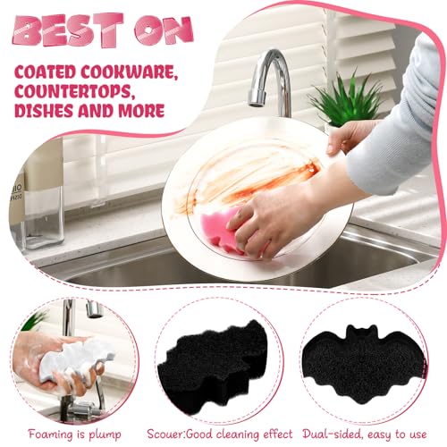 Image of Tioncy 12 Pack Bat Kitchen Sponges Bulk Dual Sided Scrubber Sponges Dishwashing Non Scratch for Bat Kitchen Accessories Dish Scouring Black, White, Pink