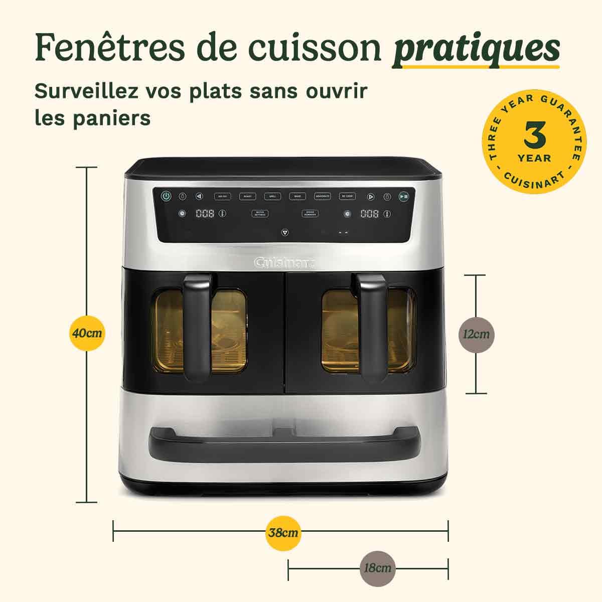 Cuisinart Tri Zone Air fryer et Four 13,6 L sans PFAS, 3 zones, 2 paniers 4,3L + four 5L, 9 fonctions : airfryer, rôtir, griller, cuire, réchauffer, déshydrater, pizza, toast, manuel, Acier inoxydable