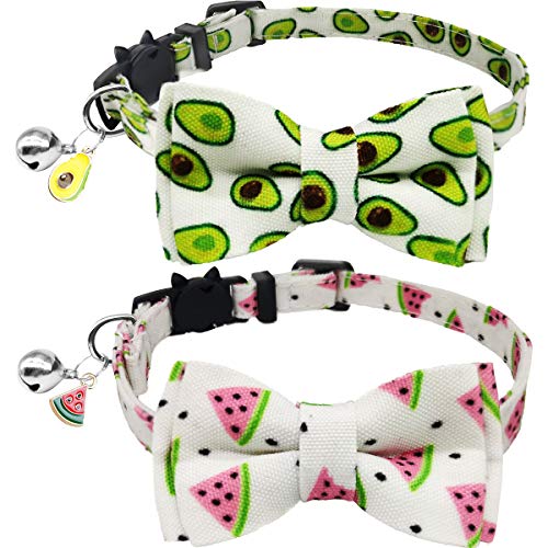 KUDES 2 Pack/Set Printed Cat Collar Breakaway with Bell Charms and Bowtie, Cute Kitten Bow Tie Collars for Kitty Puppies and Other Small Pets, Adjustable 7.8 to 10.5 Inch (Watermelon & Avocado)