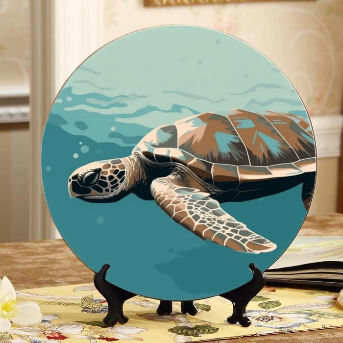 Sea Turtle 10-inch Ceramic Plate for Wall Display or Tabletop, with Stand & Hook DP-819340308