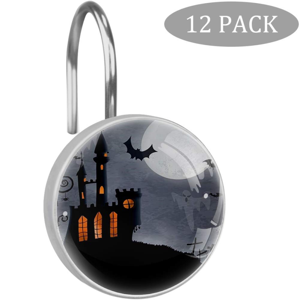 12 PCS Halloween Themed Asymmetric Caste With Scary Bats And Ghosts Full Moon Home Decorative Resin Hooks Shower Curtain Hooks for Bathroom, Bedroom, Living Room