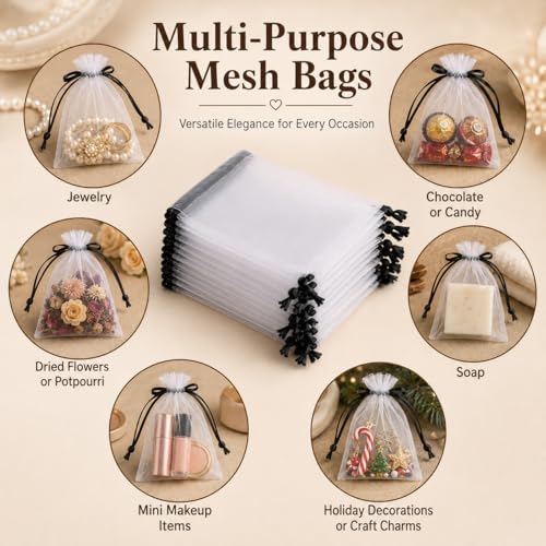 Image of Hopttreely 50PCS White Organza Bags with Black Drawstring, 4x4.72INCH Multi-Purpose Mesh Gift & Fruit Protection Bags for Wedding Favors, Jewelry, Christmas, Sachet, Easter, St. Patrick's Day, Party Supplies, Garden Plant Netting