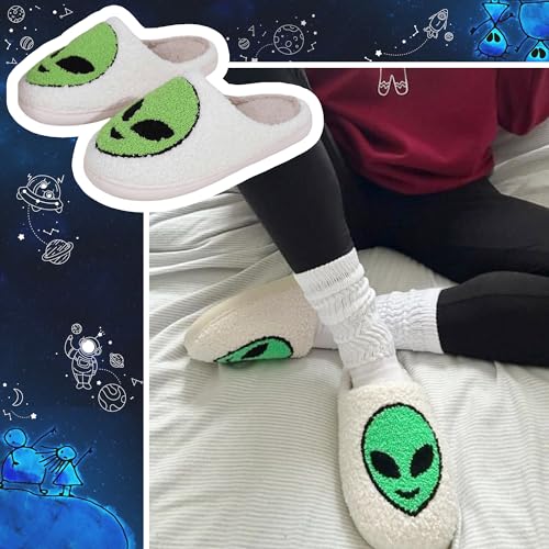 Cute Alien Cotton Slippers for Couples Indoor Plush Home Bedroom Shoes Green Cartoon Pattern Cozy Floor Slippers for Men & Women Suitable for All Seasons2