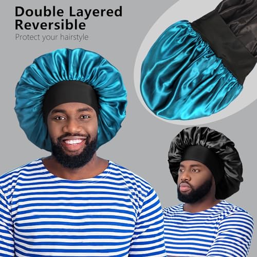 Image of 2pcs Bonnets for Men, Double Layer Hair Bonnet Satin Bonnet for Women Curly Hair Braids