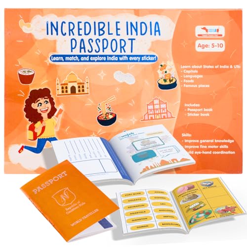 Image of CocoMoco Kids India Passport for Kids, Learn About States of India & UTS, Geography Educational Toy Activity Kit with Stickers, Ages 4-5, 6-7, 8-10, 11 Year Old (Single Pack)