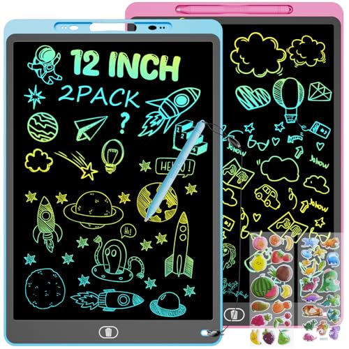 Electight 2 Pack 12 Inch LCD Writing Tablet, Colorful Drawing Tablet for Kids, Eye Care Doodle Board with Lock and Erase FUNC, Birthday Gifts Toys for 3 4 5 6 7 8 Years Old Boys and Girls (Blue, Pink)
