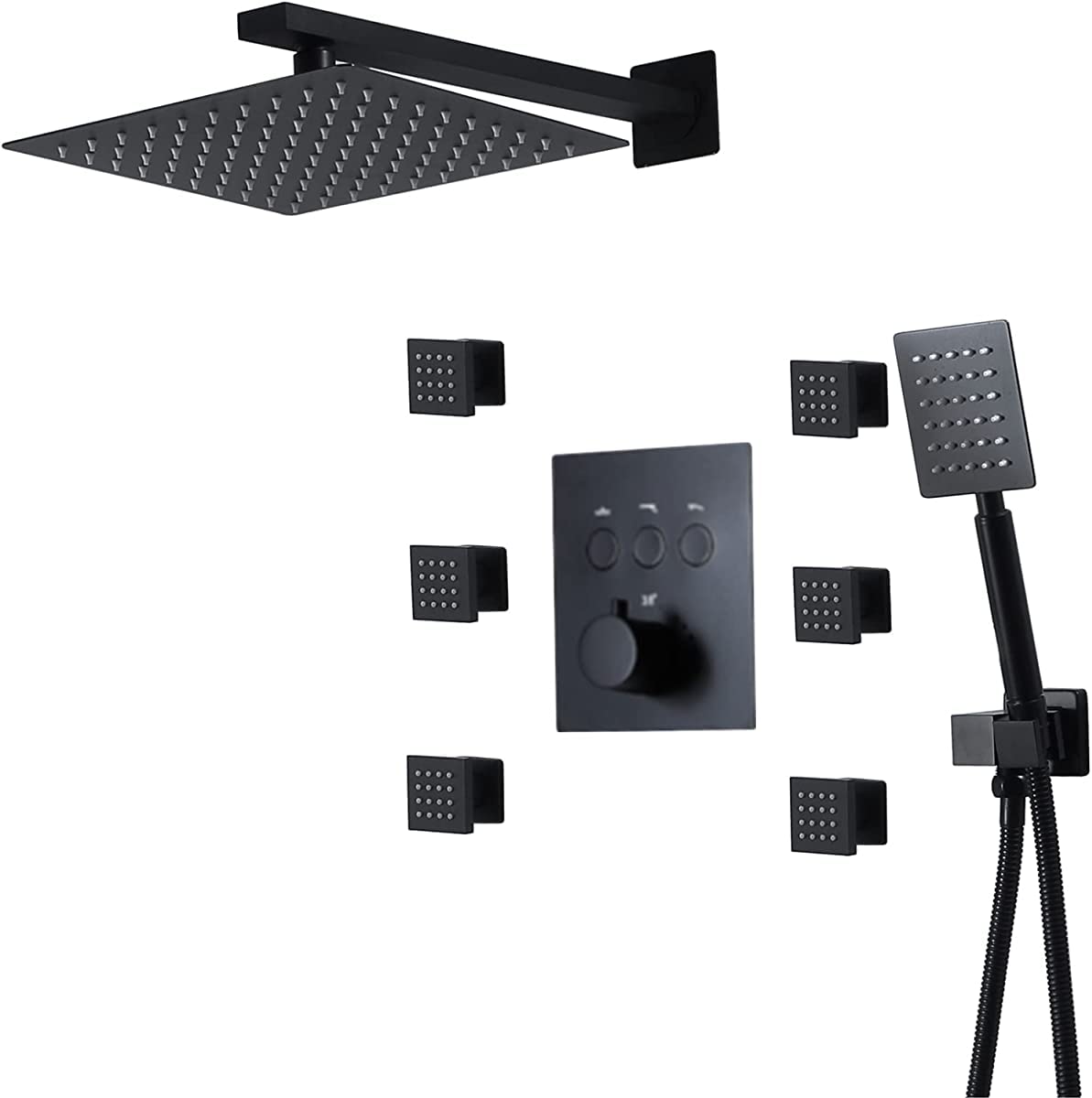QUSYZD Shower System Thermostatic Shower Faucet Set 10"" Square Rain Shower Combo Set Concealed Tub and Shower Trim Kit with Handheld Sprayer and Rain Shower Head, 6pcs Bod,Black