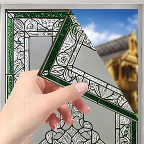 Image of Nuxovilar Sparkle Green Edged Vintage Pattern Window Film 17.7x39.4 PVC | Green Edged, Vintage Cling geometric pattern sticker, classic glass wrap for living room bedroom study (Vintage)
