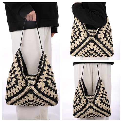 Image of Ayliss Straw Beach Bag Bucket Tote Handbag Women Shoulder Bag Hand Woven Summer Beach Purse Weaving Beach Bucket Bag