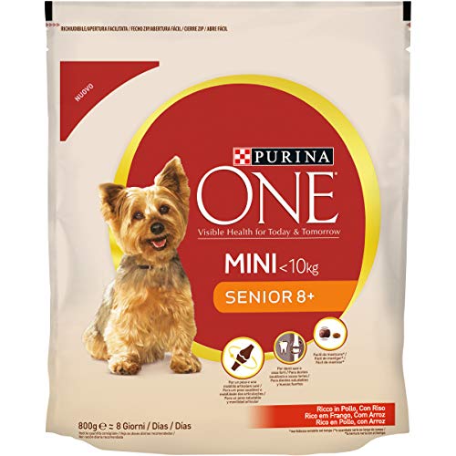Purina One Mini, Senior 8+ Trockenfutter für ältere Hunde unter 10 kg kleine Größe, reich an Hühnchen mit Reis, 8 Packungen zu je 800 g