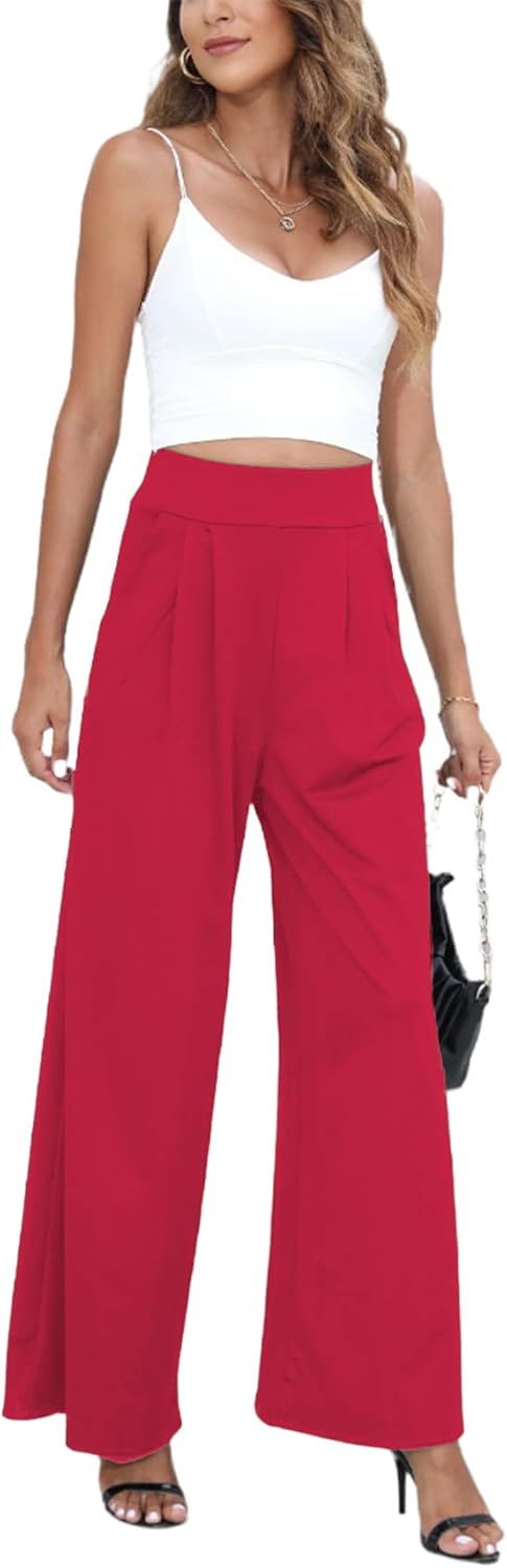 Chatinction Women's Casual Palazzo Pants High Waist Pleated Polka Dot Printed Wide Leg Pants with Pockets - Image 2