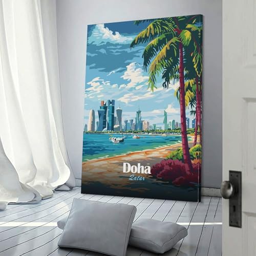 Doha, Qatar - Tableaux de plage et de panorama urbain pour le salon - Décoration murale pour...