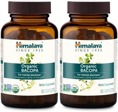 Himalaya Organic Bacopa Monnieri / Brahmi, Nootropic Brain Supplement Booster for Mental Sharpness, Focus, Memory, and Cognitive Wellness, 750 mg, 60 Caplets, 4 Month Supply, 2 Pack