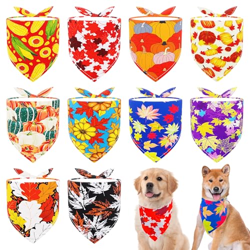 JpGdn 10PCS Large Dog Bandanas Fall for Medium Breed Dog Pumpin Harvest Leaves Forest Autumn Pattern Kerchief Triangle Bibs Head Scarves Boys and Girls Grooming Accessories Costume