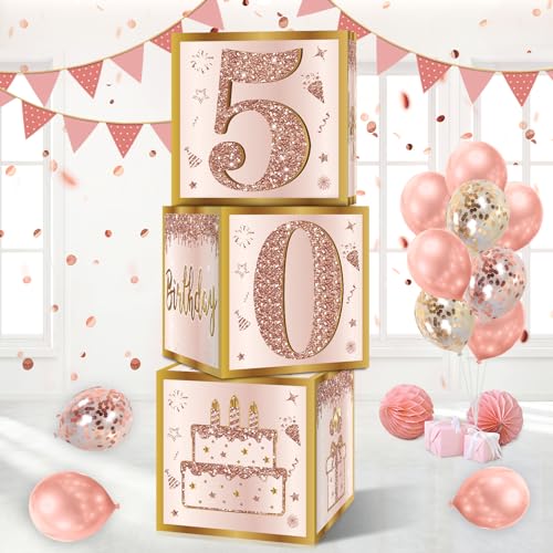 Image of Guiruiy 3Pcs 50th Birthday Decorations Boxes for Women, Pink Rose Gold 50th Birthday Balloons Boxes Party Supplies, Pink Fifty Year Old Bday Theme Cardboard Box Decor