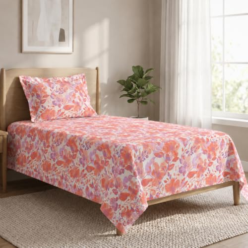 Image of LANE LINEN Symphony | 100% Cotton Sheet Set | Soft & Breathable Fabric | 2 Piece (1 Bedsheet + 1 Pillow Cover) | Single Bed Sheet Set - Coral & Lavender Painted Leaf