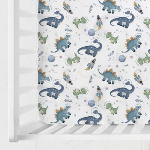 Image of Watercolor Space Dinosaurs Baby Crib Sheet 52''x28'' Cute Dinosaur Rockets Planet Stars Leaves Snug Fitted Crib Mattress Cover for Boy Girl Soft Baby Bed Sheet for Standard Crib and Toddler Mattress