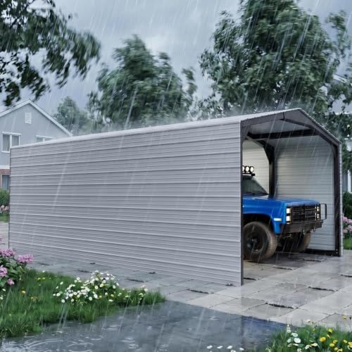 Image of Military-Grade Metal Carport 12x20 FT, Heavy Duty Garage 2-Sided Enclosure | 2x2 inch Steel Poles with Powder Coating, 17-Gauge Walls,100 PSF Snow Load Roof, Hurricane Resistant, Pickup, Truck, Ash Gray