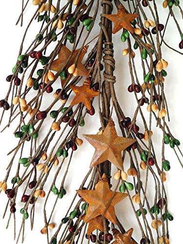 N027 Dark Green Mustard and Burgundy Color Primitive Berries with Rusty Stars Seasonal Decor 45 5 Length