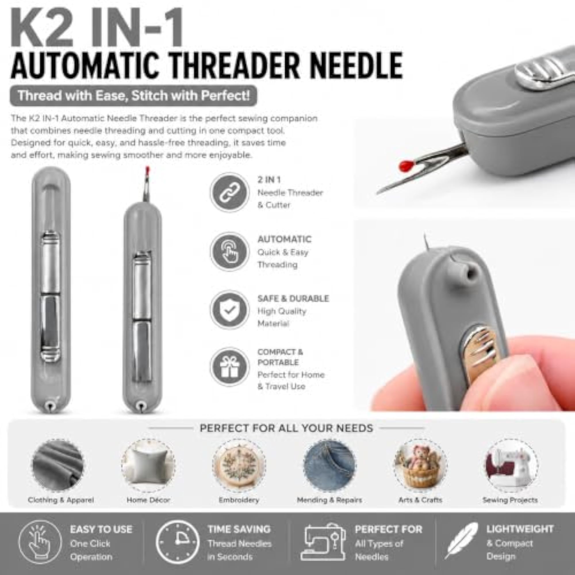 Retractable Threader Needle and Seam Ripper Tool