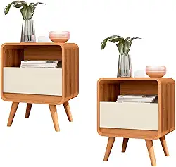 Kit 2 Mesas de Cabeceira Retrô com Gaveta Channel - Nature com Off White
