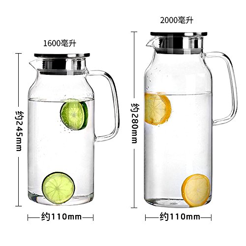Cupwind 55 oz Glass Pitcher with Stainless Steel Lid, Hot/ Cold Water Carafe with Handle, Juice and Ice Tea Pitcher