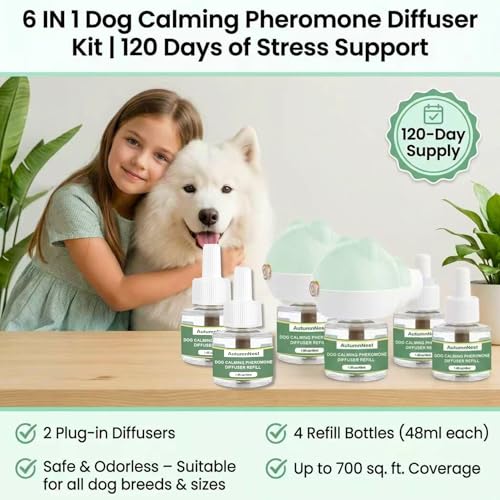 Image of Dog Pheromone Diffuser Kit, Pet Diffuser for Stress Support, Reduces Stress and Promotes Relaxed Behavior, 2 Plug-in + 4 Packs Refill, 120 Day Supply (Non-Toxic, Safe & Inedible), Diffuser with Light