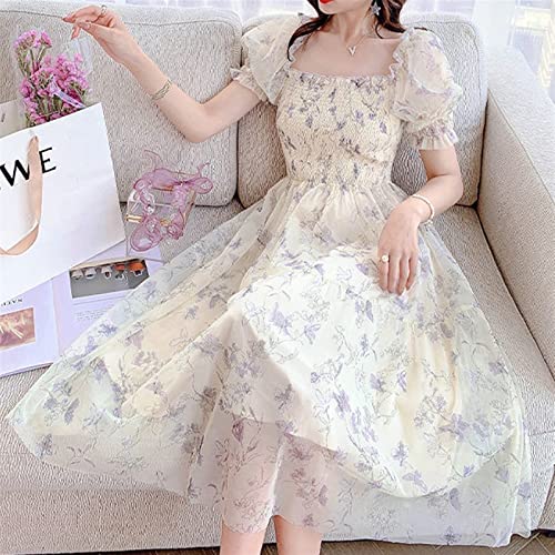Image of QNNGXX Summer French Vintage Floral Chiffon Dress Square Collar Puff Short Sleeve Ink Painting Dress Korean Dress