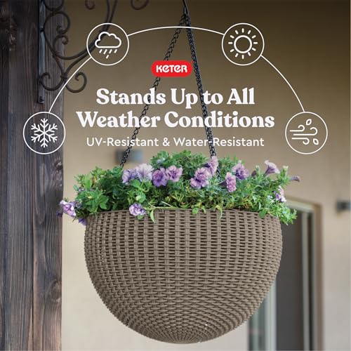Keter Resin Rattan Set of 2 Round Hanging Planter Baskets for Indoor and Outdoor Plants-Perfect for Porches and Patio Decor, Cappuccino - Image 5