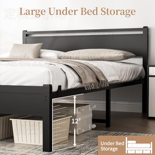 Image of 18 Inch Queen Bed Frame, Heavy Duty Platform Metal Queen Size Bed Frame with Headboard and Modern Wooden Footboard, Large Under Bed Storage, Quite Design, No Box Spring Needed, Black