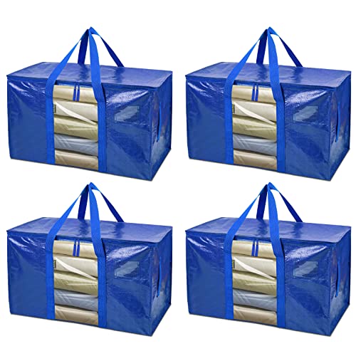 Image of BALEINE 4-Pack Oversized Moving Bags with Reinforced Handles, Heavy-Duty Storage Tote Moving Supplies for Packaging, Camping (Blue w /Window, 4-Pack)