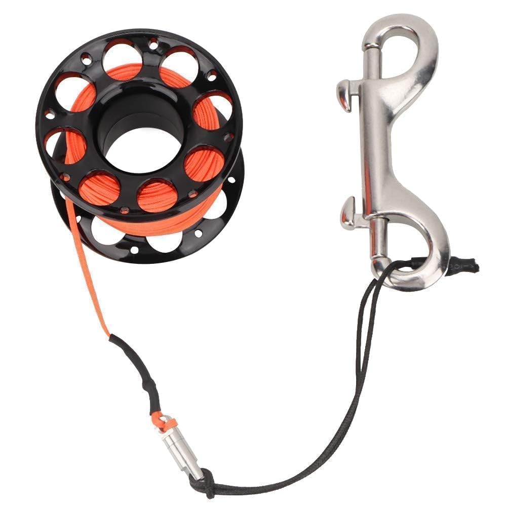 Finger Spool w/SS Bolt Snap, Tauch Fingerspule Scuba Diving Spool Reel Kunststoff Mini Tauchspule mit Doppelkarabiner Spule, Technische Finger Spool komplett mit Tauchschnur und Karabinerhaken 15 M