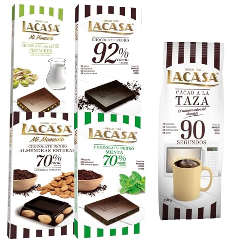 Lacasa pack de 5 tabletas de chocolate de diferentes sabores:taza 350g,leche pistacho 90g, menta,cacao 92%, almendra 200g