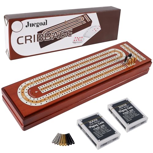 Juegoal Upgrade Wood Cribbage Board Game Set, Solid Wooden Continuous 3 Track Board with Larger Storage Area, 9 Metal Pegs and 2 Decks of Playing Cards, Travel Portable Cribbage Game Sets