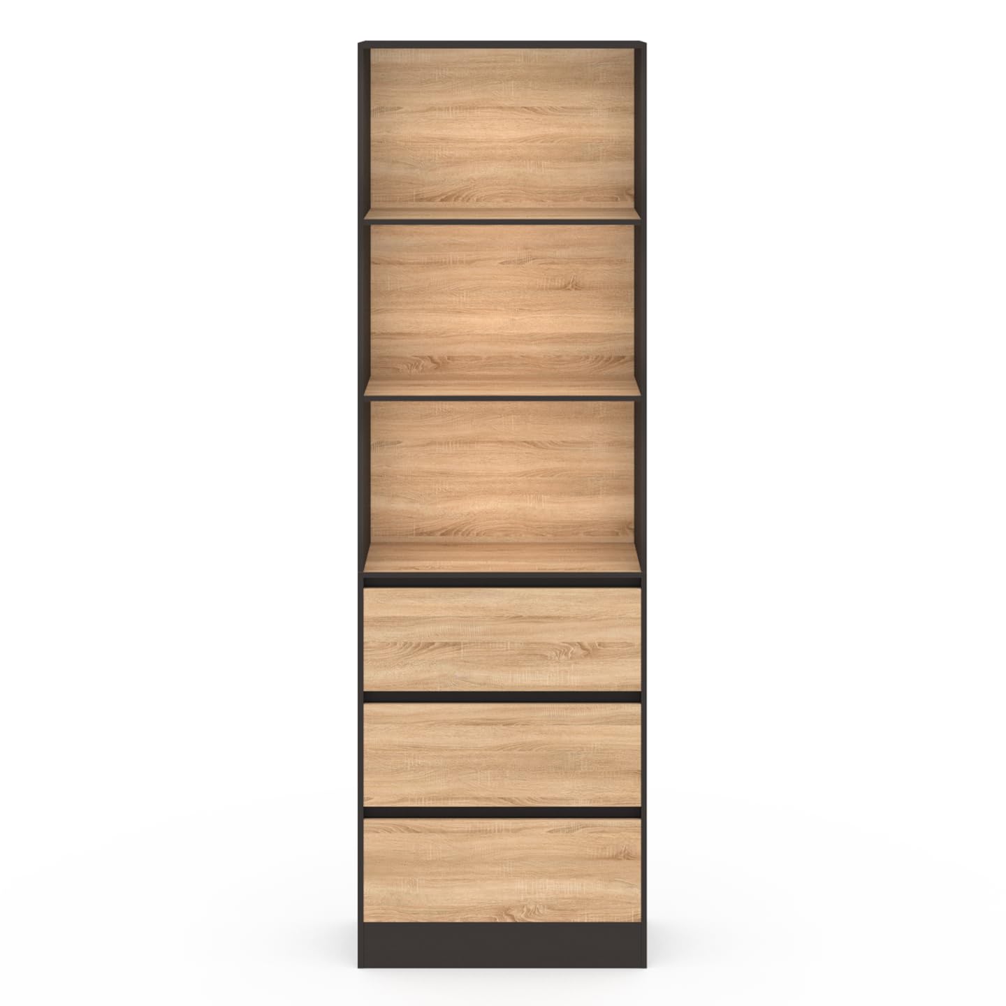 IDMarket – Estantería CARLA, 3 niveles con 3 cajones negros y efecto madera, 190 cm de altura