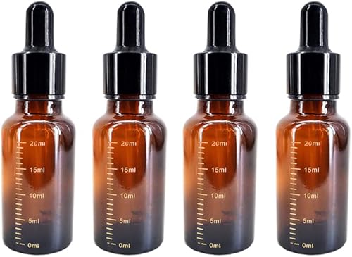 4 botellas vacías de vidrio ámbar graduadas, botellas de aceite esencial, frascos cosméticos con cuentagotas graduados, 0.7 fl oz