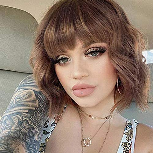 aSulis Short Curly Bob Wigs With Bangs Synthetic Wave Bob Wig Natural Looking Heat Resistant Fiber Wigs for Women (Light Brown)