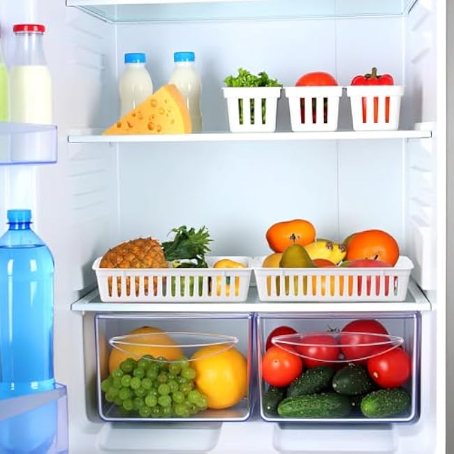 12 Pack Slim Plastic Storage Baskets Tray for Organizing 10.25 x 3.25 x 2.5 Inch Small Narrow Storage Bins Stackable Drawer Pencil Trays Holder for Desk Garage Cabinet Containers(White)