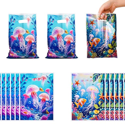 LYK 30PCS Animal in the Sea Party Favor Bags Ocean Themed Plastic Waterproof Goodie Bag with Handle for Boys Girls Birthday Decoration Supplies