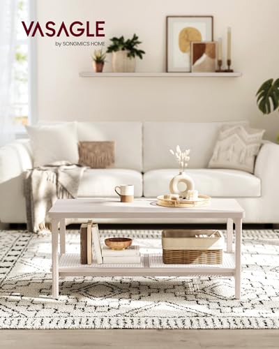 Image of VASAGLE 2-Tier Coffee Table, Rectangular, PE Rattan Shelf, Rounded Corners